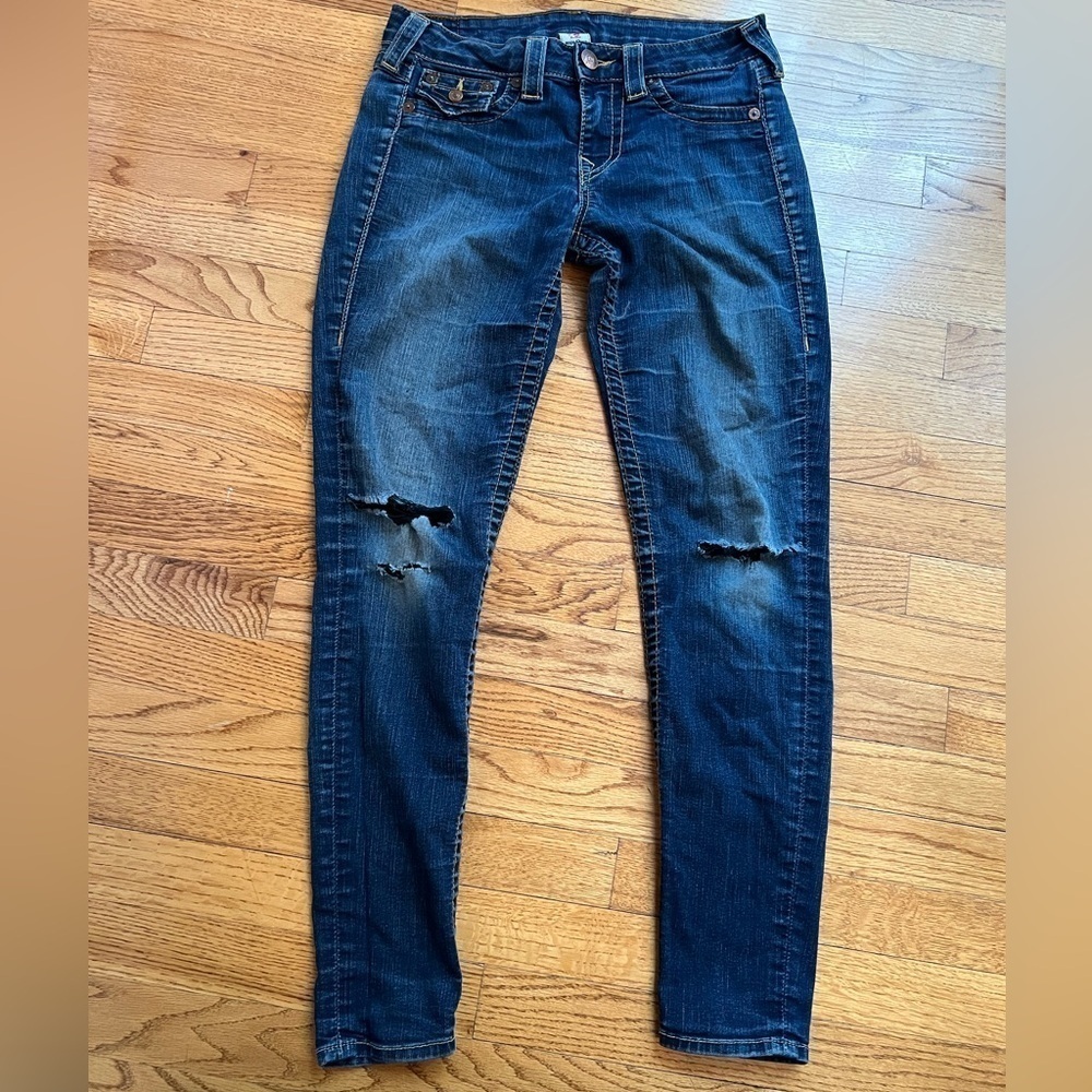 True Religion Women’s Blue Skinny Jeans Distressed Style Size 29
